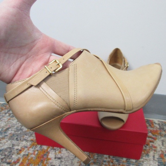 Antonio Melani Leather Ankle Boots Booties Peep Toe Size 7 Tan High Heels 440 - Picture 8 of 13